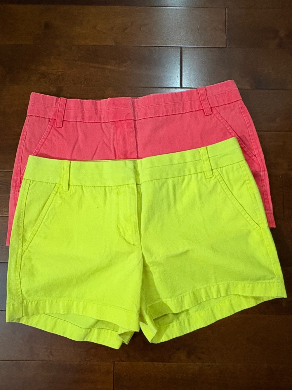 J. Crew Neon Yellow & Coral Cotton Chino Shorts Duo